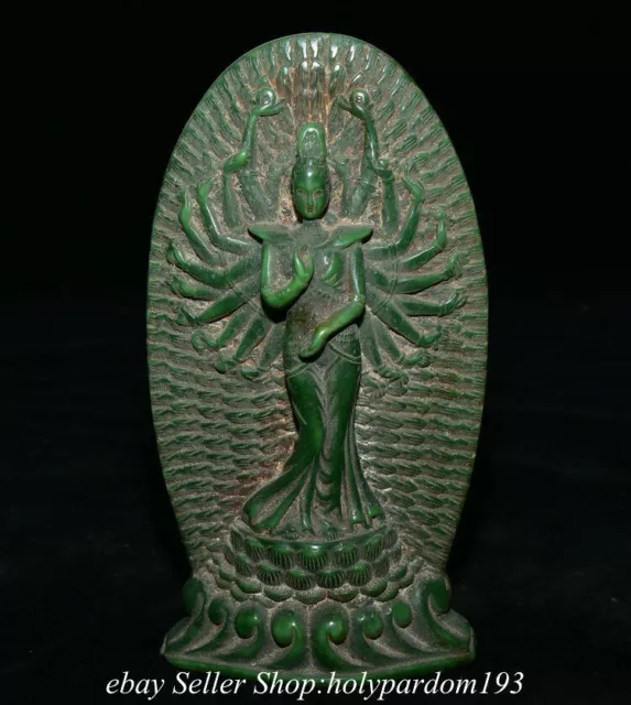 7.2" Old Chinese Green Jade Carved 1000 Arms Avalokiteshvara of Goddess Statue