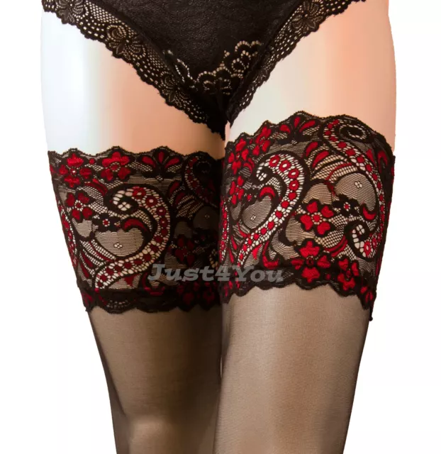 Valentine's Hold Ups Deep Lace Top S- XXXXL New PLUS SIZE 15 den Sheer Stockings