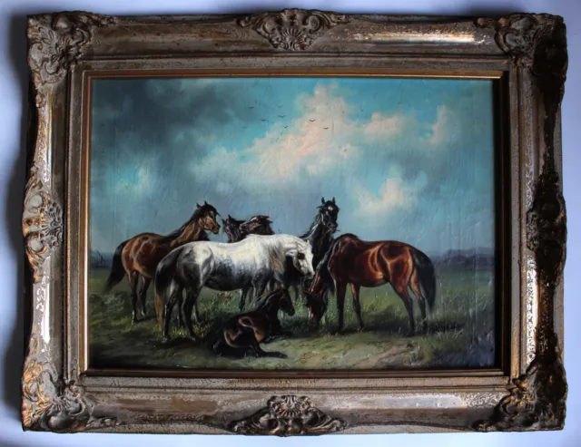 Großes Ölgemälde aus dem 19. Jahrhundert Wildpferde in der Steppe Pferde Pferd