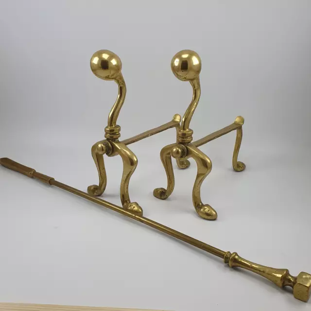 Antique Pair of Brass Ball Fire Dogs and Brass Poker Fireside Decor Sturdy Heavy