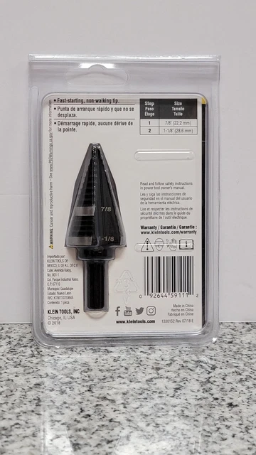 Klein Tools KTSB11 High Speed Step Drill Bit #11 Double-Fluted 7/8 to 1-1/8" a-x 2
