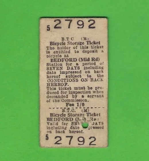 British Railways Ticket ~ BTC(M) Bicycle Storage - Bedford (Midland Road) - 1962