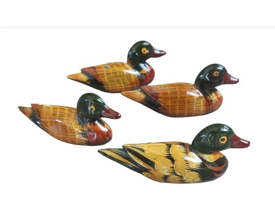 Lot of Four 4 Miniature Duck Decoys Hand Carved Painted Varnished Shellacked