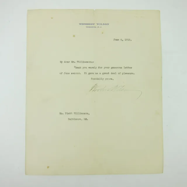 Woodrow Wilson Signed Typed Letter Piatt Williamson Presidential Campaign 1912