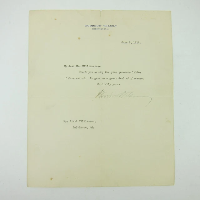 Woodrow Wilson Signed Typed Letter Piatt Williamson Presidential Campaign 1912