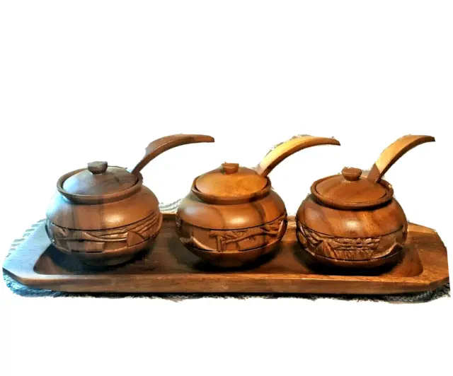 Vtg MCM Tiki Teak Wood Carved Condiment Set With Lids Spoons Tray Bar Party