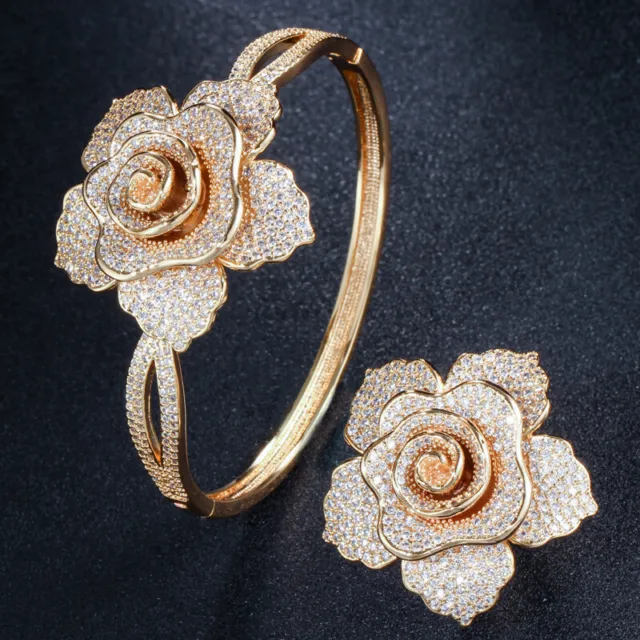 Yellow Gold Plated Flower Jewelry Set CZ Zircon Bridal Bangle Bracelet and Rings