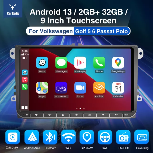 9" Autoradio Android 13 32G Carplay GPS WIFI RDS Pour VW GOLF 5 6 Caddy Polo EOS 2