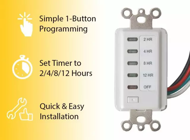 Bathroom Fan Auto Shut Off Timer 2-4-8-12 Hour Preset Countdown Wall Switch