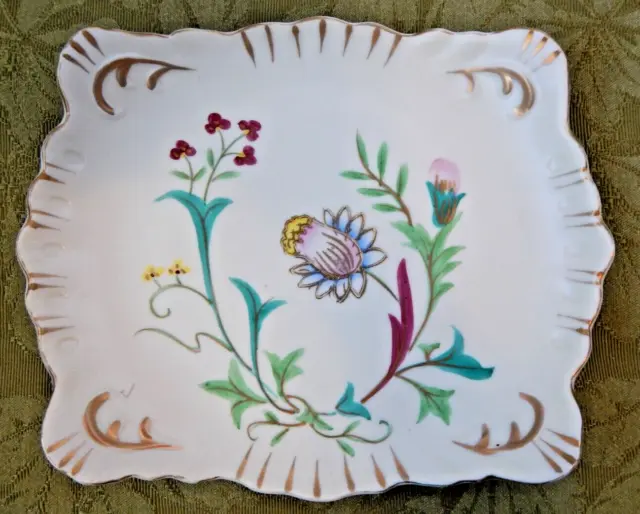 Vtg Floral Pattern Hanging Square Decorative Plate Scalloped Edge Gold Detail