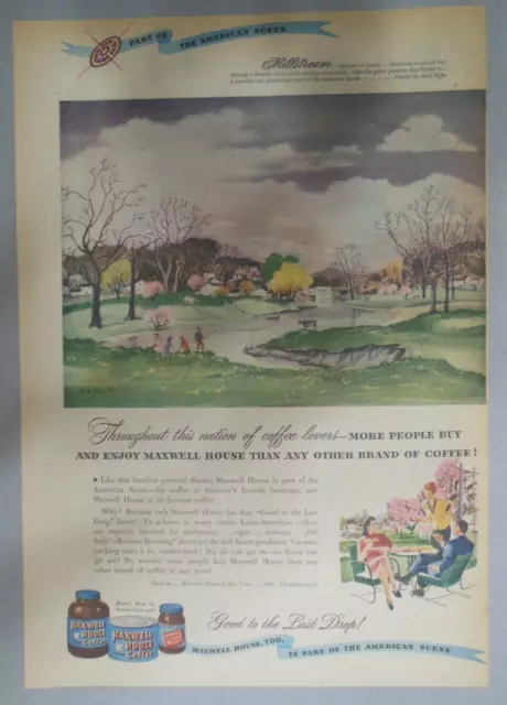 Maxwell House Coffee Ad: "Hill Stream" American Scene from 1940's 11 x 15 inch