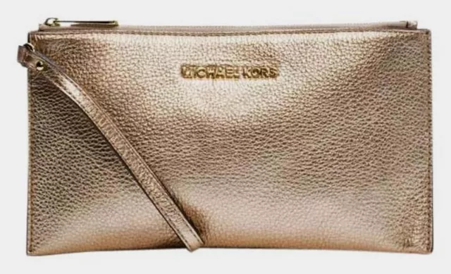 MICHAEL KORS Bedford Clutch Large Zip Pale Gold Tone Leather Wristlet NEW 2