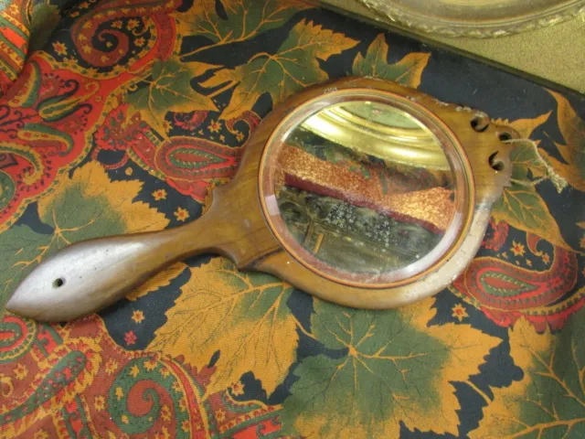 ANCIEN miroir XIXe face a main glace italien sorrento napoli marqueterie bois