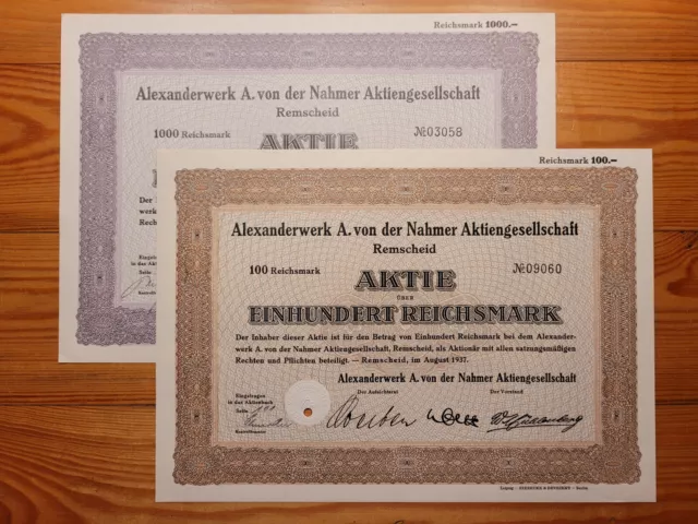 D: 2 x Alexanderwerk A. von der Nahmer, Remscheid, 1937, 100 + 1000 RM, MASCH *