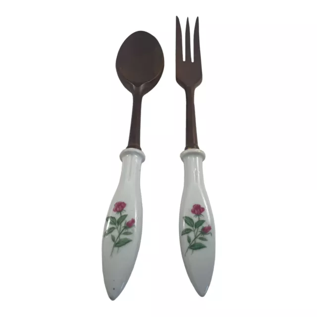 Set Vintage Wooden Salad Fork Spoon Ceramic Handles Pink Roses