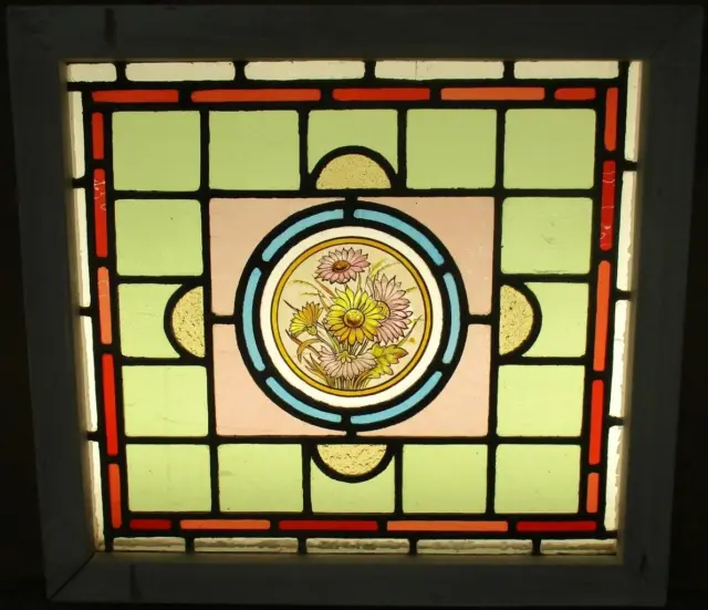 OLD ENGLISH LEADED STAINED GLASS WINDOW Hand Painted Floral 20.25" x 18.75"
