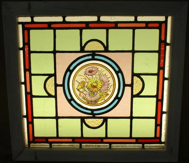OLD ENGLISH LEADED STAINED GLASS WINDOW Hand Painted Floral 20.25" x 18.75"