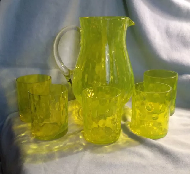 Yellow Reverse Thumbprint Pitcher and Five Tumblers