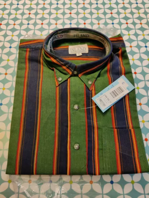 Camicia vintage retrò anni '90 Deadstock da uomo abbottonata Off Shore Island verde a righe taglia 3