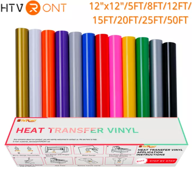 HTVRONT HTV Heat Transfer Vinyl Bundle 10 Rolls 12'' x 5Ft / 1.7Yd On Heat  Press