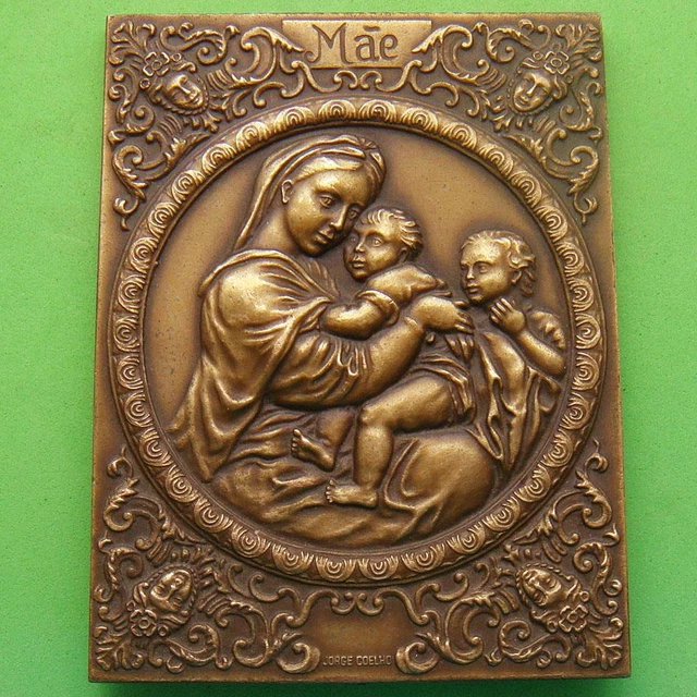 L@@k Religious Madonna Mother & Children Guardian Angel BIG Bronze Plaque Medal!