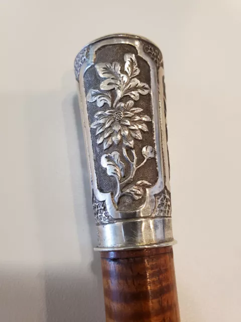 Antique Chinese Export Silver Repousse Vintage Swagger Knob Walking Stick Cane