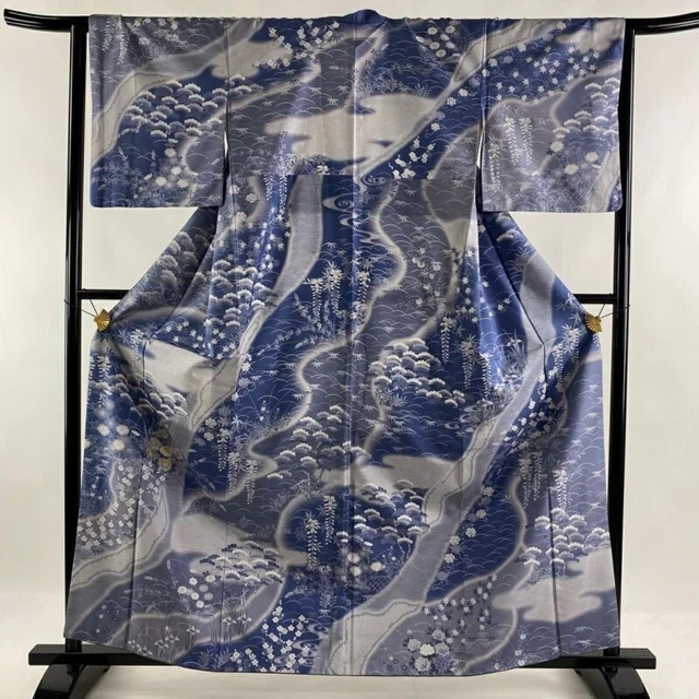 Woman Japanese Kimono Houmongi Silk Tsumugi Flowers Gold Foil BluePurple