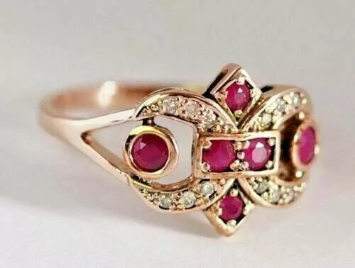2Ct Round Cut  Lab Created Red Ruby Art Deco Ring 14K Yellow Gold Plated  .