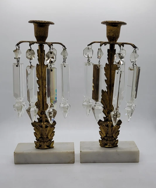 Pair Antique Cross Ornate Girandole Bronze Crystal Candelabra Holder Brass`