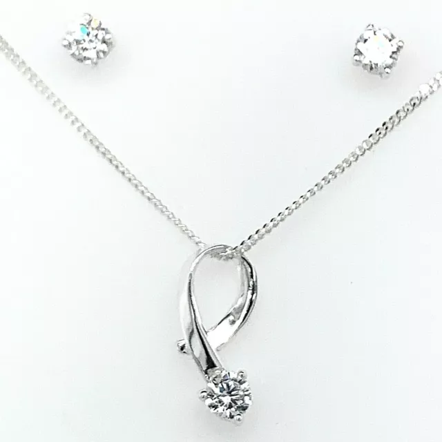 Ribbon CZ Awareness Pendant Set Earring Stud Necklace Sterling Silver woman gift