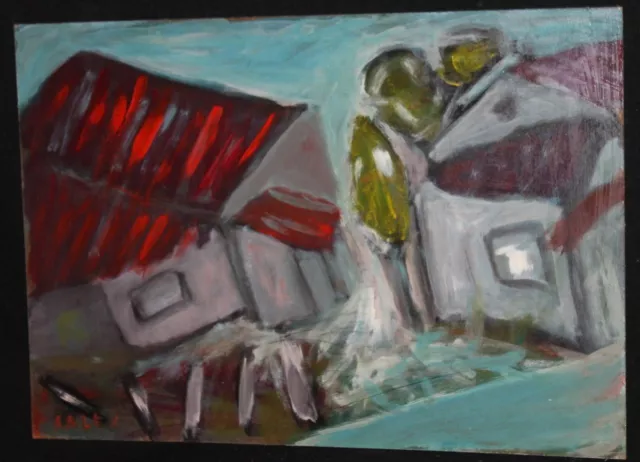 Abstract oil painting landscape houses signed 2