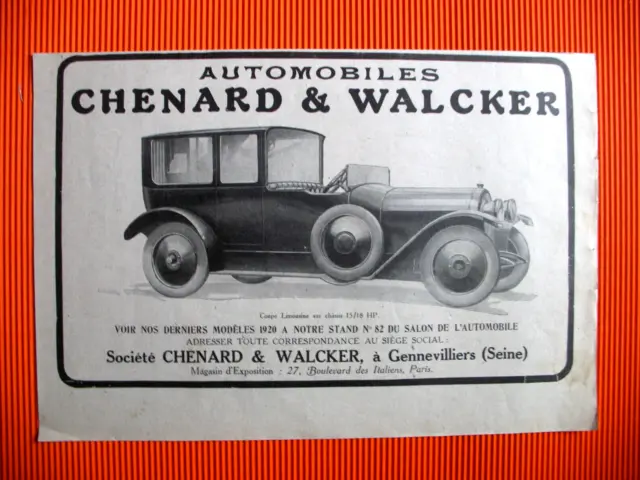 PUBLICITE DE PRESSE CHENARD & WALCKER AUTO COUPé LIMOUSINE 15/18 HP AD 1919