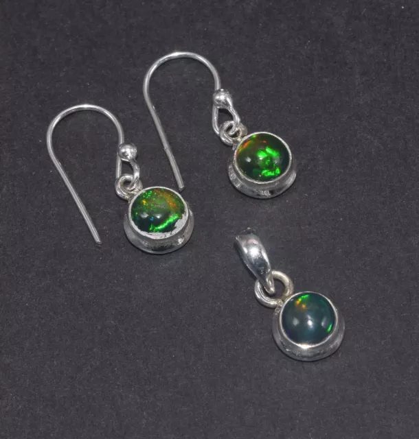 925 Solid Sterling Silver Black Ethiopian Opal Hook Earring Pendant Set p690