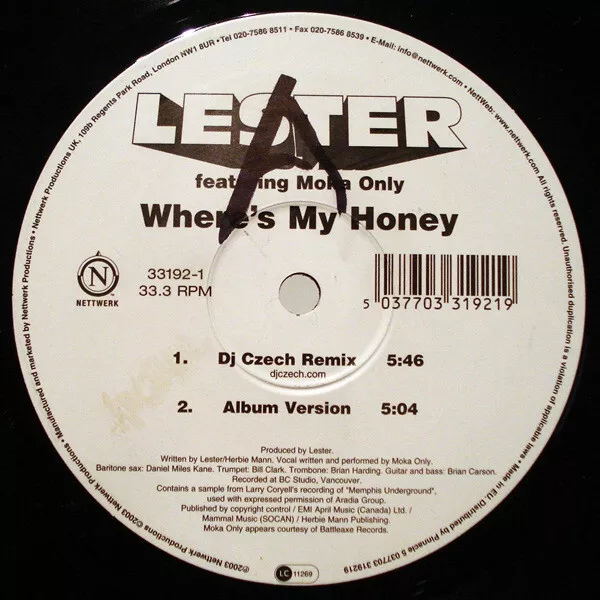 Lester Feat Moka Only - Where's My Honey - UK 12" Vinyl - 2003 - Nettwerk