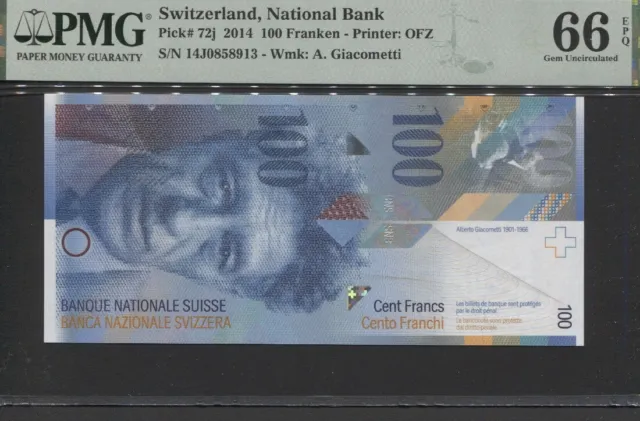 TT PK 72j 2014 SWITZERLAND NATIONAL BANK 100 FRANKEN PMG 66 EPQ GEM UNC!