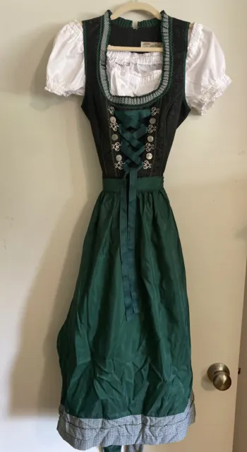 German Austrian Authentic Dirndl Dress, Blouse, Apron, Chain In Pouch Sz 38!