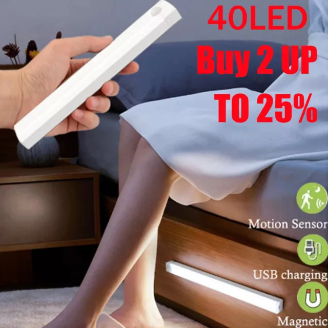 Wireless PIR Motion Sensor LED Light USB Rechargeable Strip Cabinet Closet Lamp