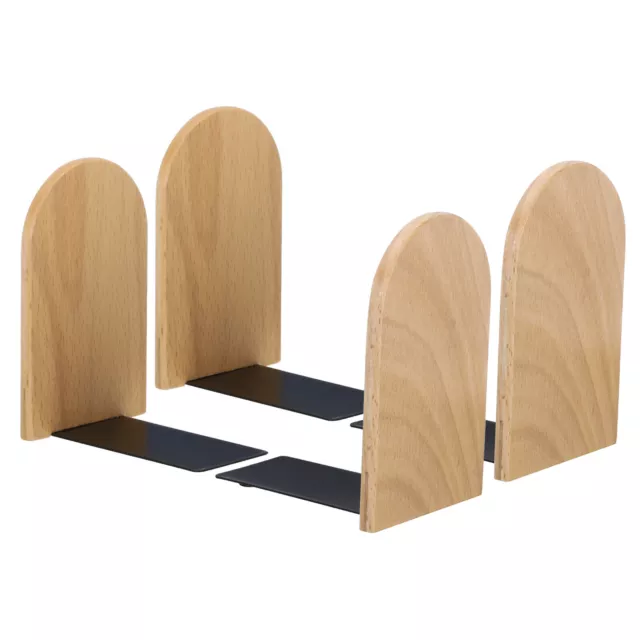 Wood Bookend with Metal Base, 4 Pcs Round Head Book Ends, Beech Wood