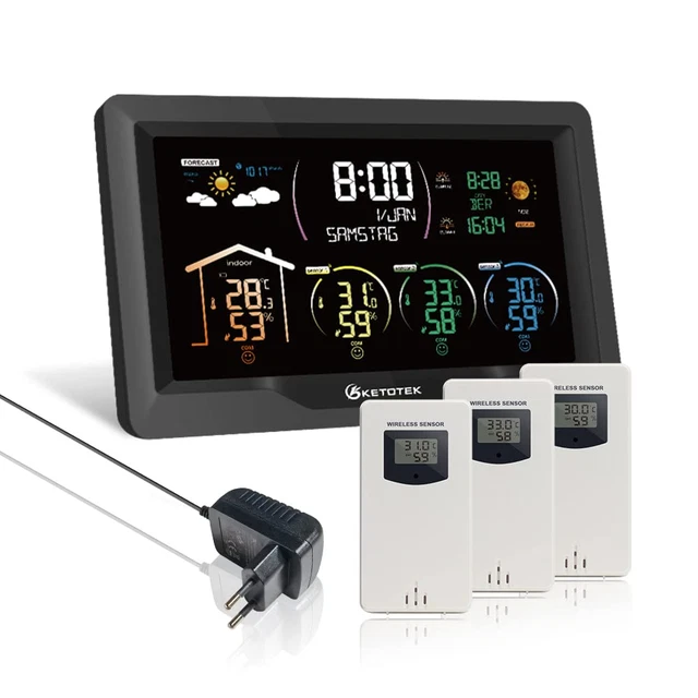 Optus Stazione meteo radio con sensore esterno, orologio DCF, allarme antigelo, visualizzazione temperatura e umidità interna ed esterna, nero