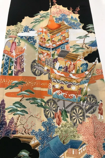 @@ Japanese kimono silk fabric/ tomesode black/ festival float, Kyoto, 山鉾 A82