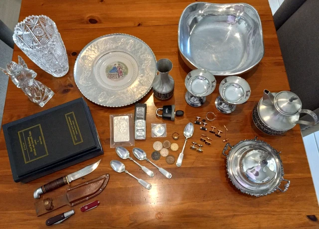Junk Drawer: Silver, Pewter, Crystal, Knives, Cufflinks