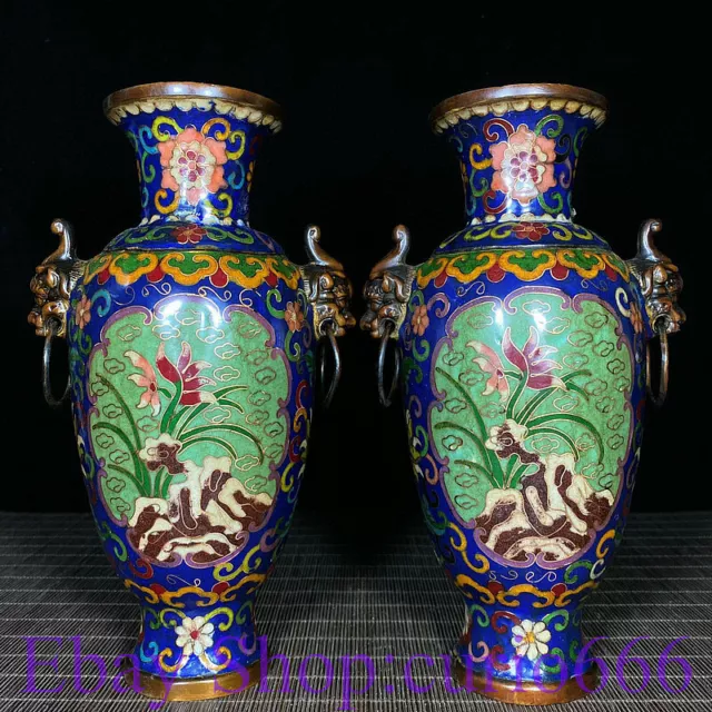 9" Qianlong Marked Cloisonne Enamel Bronze Beast Head Flower Bottle Vase Pair