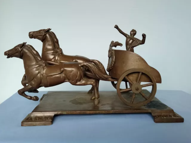 Large heavy vintage antique bronze statue Roman Chariot & Horses