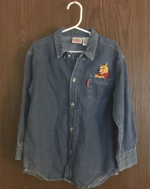 Vintage DISNEY STORE Winnie The Pooh Embroidered Denim Button Shirt KIDS Sz 5
