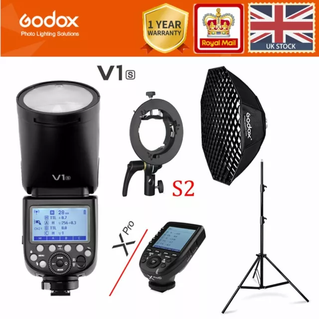 UK Godox V1S 2.4G TTL 1/8000 HSS Round Head Flash+95CM Grid Softbox+2M Stand+S2