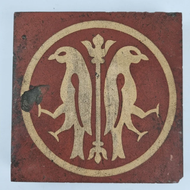 Antique 19th Century Pottery Tile With Double Bird Design 13cm Square