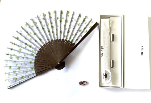 Celine vintage Folding Fan with Box and Pouch Four-leaf clover Discontinued
