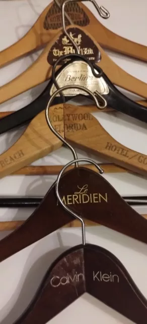 Lot of 6 VTG Wooden Hangers Berlin's, Le Meridien, Hollywood FL, C. Klein, Hub