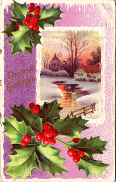 Christmas Greetings Winter Village Creek Holly Berries Icicles Embossed Postcard