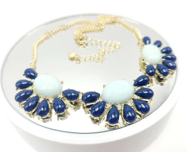 LC Liz Clairborne Gold Collar Necklace Blue Dew Drops & Rhinestones